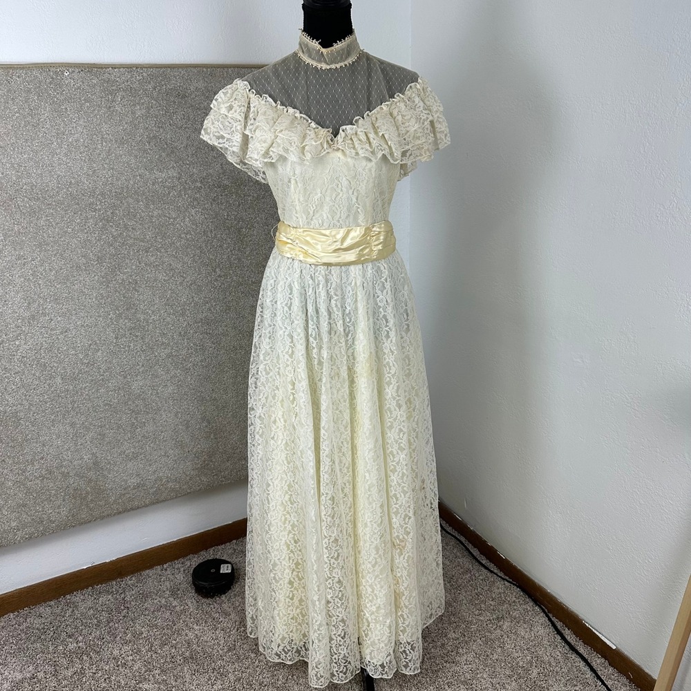 Vintage Candi Jones California Lace Maxi Dress Yellow Sash Victorian Prairie 9
